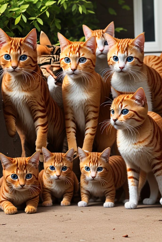 A litter of six orange cats, about 3 months old, escape the house into the backyard to play and have so much fun!! Sunny day, innocence of nature.