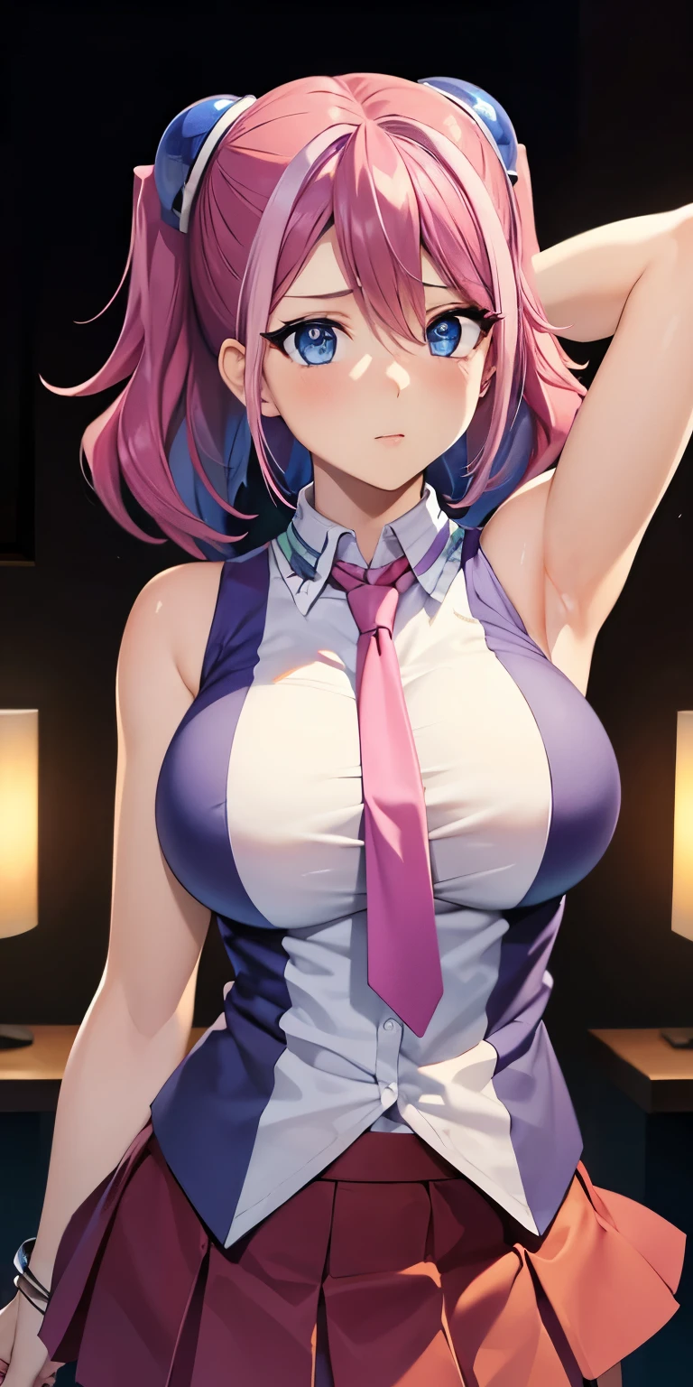 1 Female,High definition,high resolution,Ultra-realistic,8K, hy1, hair ornament, multicolored hair, blue eyes,necktie,pink skirt,tight skirt, miniskirt ,sleeveless, jewelry, large breasts,European,sexy,Upper body close-up,Photographed from the front,Dynamic Angles,(blush), (medium tits) ,(arms behind head)