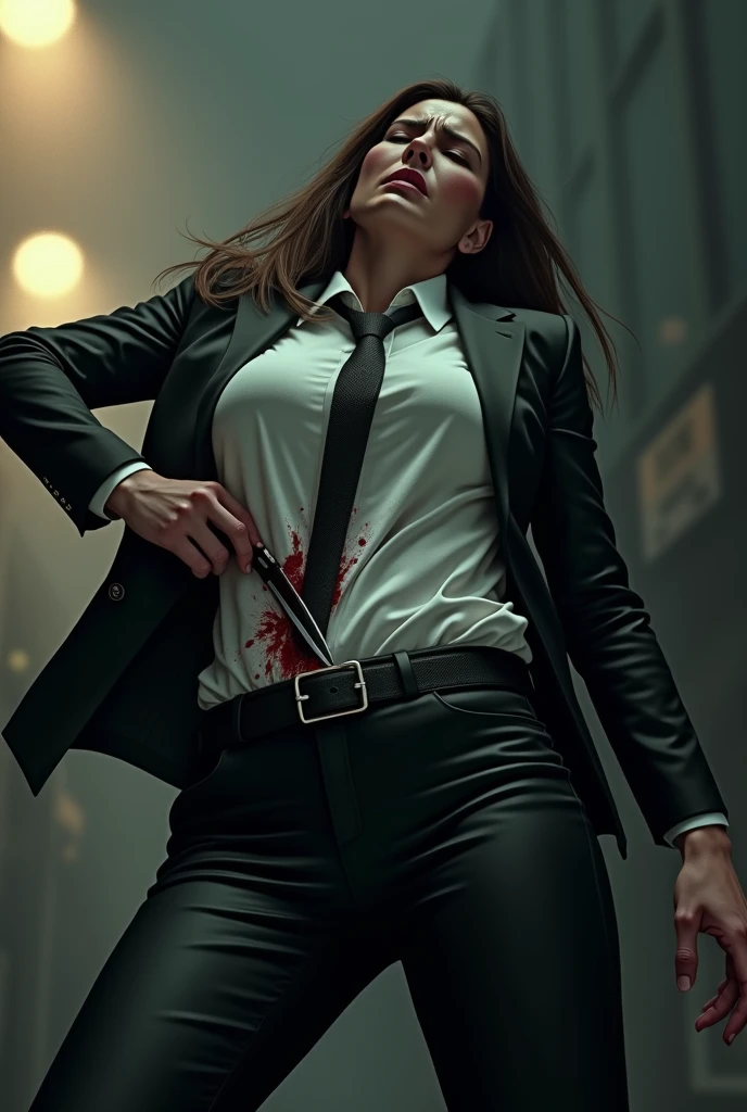 Woman in white office shirt tucked completely into her high waisted beige pants stabbed with a knife 