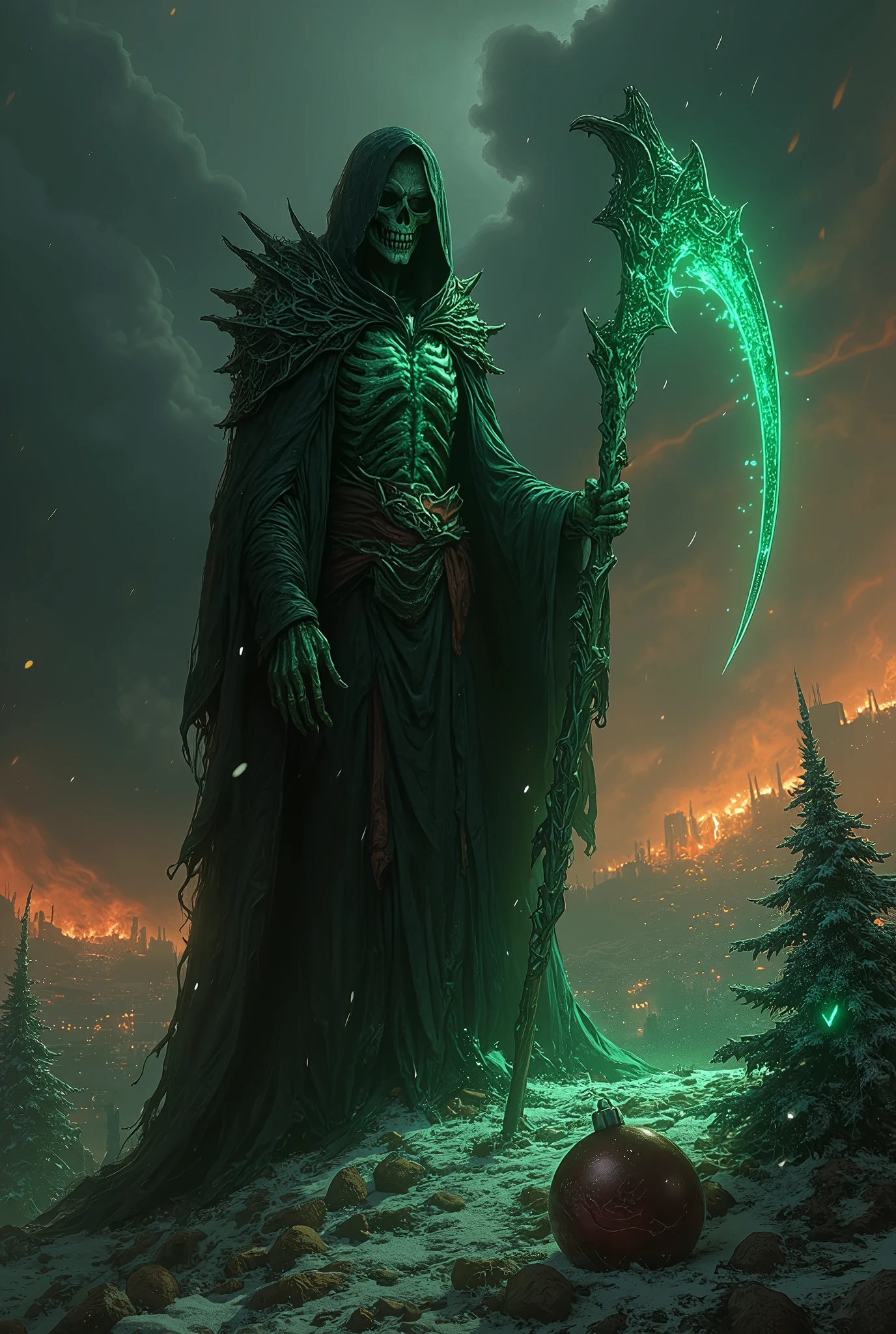 ultra-realistic, photorealistic, dramatic scene, cinematic lighting, shadow, global-illumination, a terrifying grim reaper heralding the end of the world on Christmas night, (towering skeletal figure cloaked in tattered black robes:1.5), trk,wielding a massive, intricately detailed scythe glowing faintly with green ethereal light, (face obscured beneath a dark hood:1.3), (empty eyes glowing faintly:1.5), (long bony fingers clutching the scythe:1.3), standing atop a hill of broken ornaments and twisted, shattered Christmas trees, a sky filled with swirling black and crimson storm clouds, (red lightning streaks across the sky:1.5), DarkAtmosCE style,snow falling but quickly melting into streams of blackened water, a devastated city burning in the distance, (ruined buildings with collapsed rooftops:1.3), (cries of despair faintly audible in the wind:1.4), the air heavy with ash and smoke, (dark magic swirling around the figure:1.3), (a fractured bell tolling ominously in the distance:1.2), creating an overwhelming sense of despair and inevitability, a scene of apocalyptic dread imbued with faint remnants of a corrupted holiday spirit.
