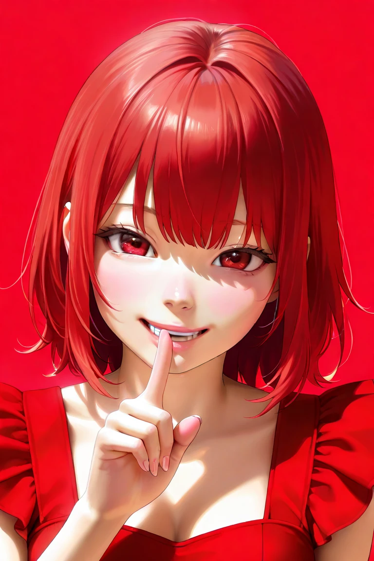 best quality ,masterpiece,ultra high res, very beautiful, kawaii, (photo realistic:1.4), 1girl, Japanese, red hair, open eyes, put index finger on mouth, red dress, red eyes, in front of a red background, 35mm lens, f/ 1. 8, accent lighting, 8k, smiling