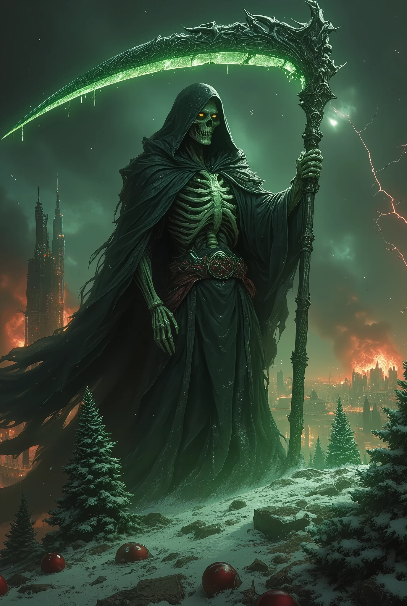 ultra-realistic, photorealistic, dramatic scene, cinematic lighting, shadow, global-illumination, a terrifying grim reaper heralding the end of the world on Christmas night, (towering skeletal figure cloaked in tattered black robes:1.5), trk,wielding a massive, intricately detailed scythe glowing faintly with green ethereal light, (face obscured beneath a dark hood:1.3), (empty eyes glowing faintly:1.5), (long bony fingers clutching the scythe:1.3), standing atop a hill of broken ornaments and twisted, shattered Christmas trees, a sky filled with swirling black and crimson storm clouds, (red lightning streaks across the sky:1.5), DarkAtmosCE style,snow falling but quickly melting into streams of blackened water, a devastated city burning in the distance, (ruined buildings with collapsed rooftops:1.3), (cries of despair faintly audible in the wind:1.4), the air heavy with ash and smoke, (dark magic swirling around the figure:1.3), (a fractured bell tolling ominously in the distance:1.2), creating an overwhelming sense of despair and inevitability, a scene of apocalyptic dread imbued with faint remnants of a corrupted holiday spirit.
