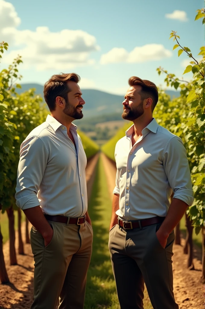 Young cute handsome beautiful 2 without beard drinking beer with a handsome man 3 in a champagne farm