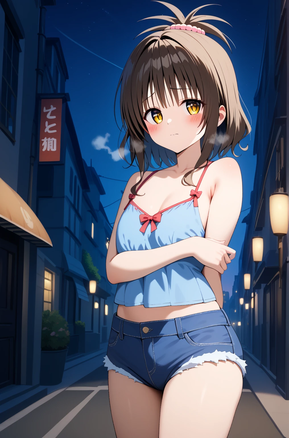 masterpiece,best quality,{{detailed beautiful face and eyes}}, 
Yuki Mikan,{{{megami magazine}}},middle hair,brown hair,hair ornament,hair bobbles,sidelocks,bangs,yellow eyes,flat chest,
camisole, bare shoulders, cleavage, crop top, cutoffs, denim shorts, midriff, short shorts, spaghetti strap,
1girl,(is embarrassing,big blush,closed mouth,steam:1.0),
((standing,cowboy shot,looking at viewer,breast hold:1.2)),
(night city background:1.0),clothed