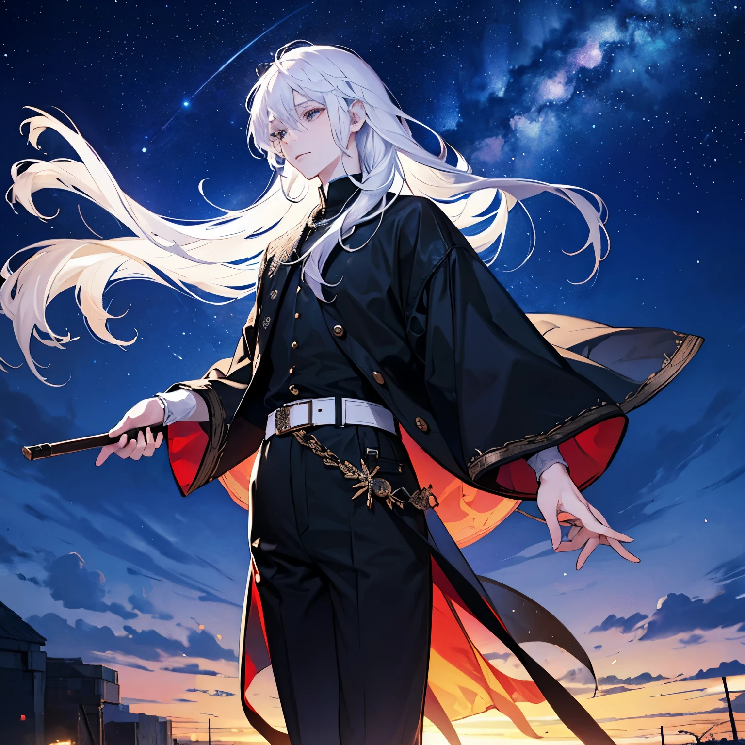 A man with white hair and black tips , handsome, starry sky ,20th Generation, top quality , masterpiece,  long hair, male