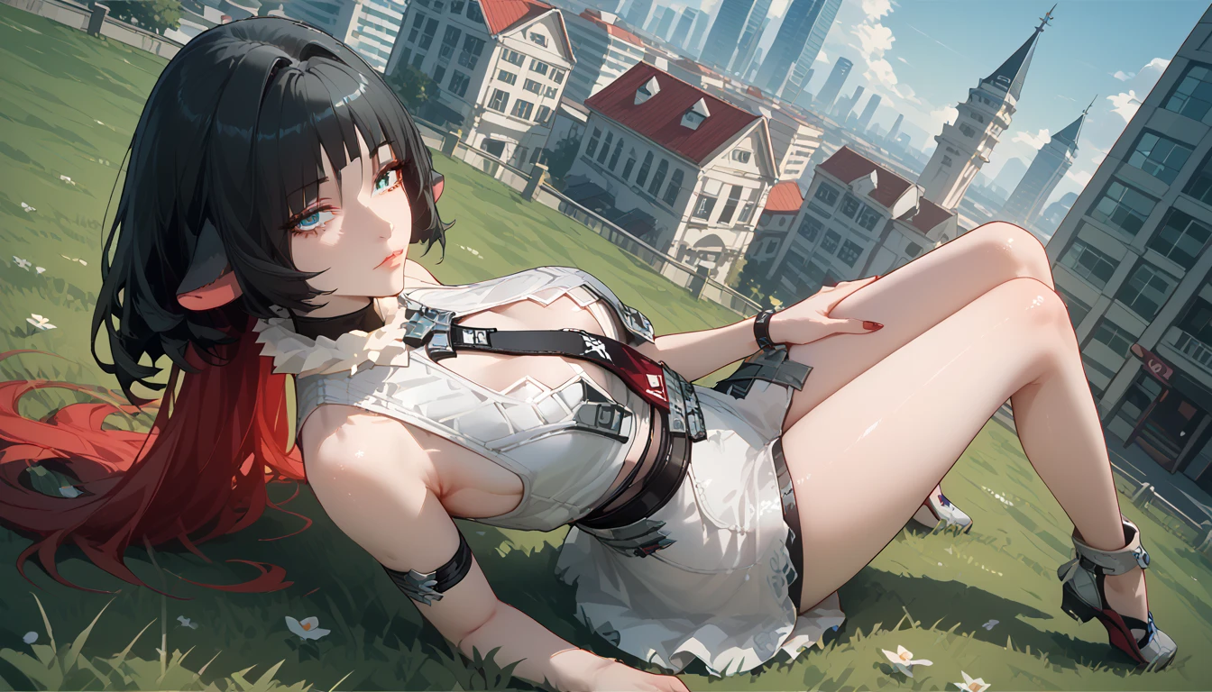 yanedoe- zzz, aqua eyes, long hair, black hair,  red hair , Animal ears,  looks at the viewer , Above the building,I look at the city, sexy clothes , lies on the grass,  legs raised up , erotica, very sexy,  sexy pose, summer dress,  sexy clothes ,