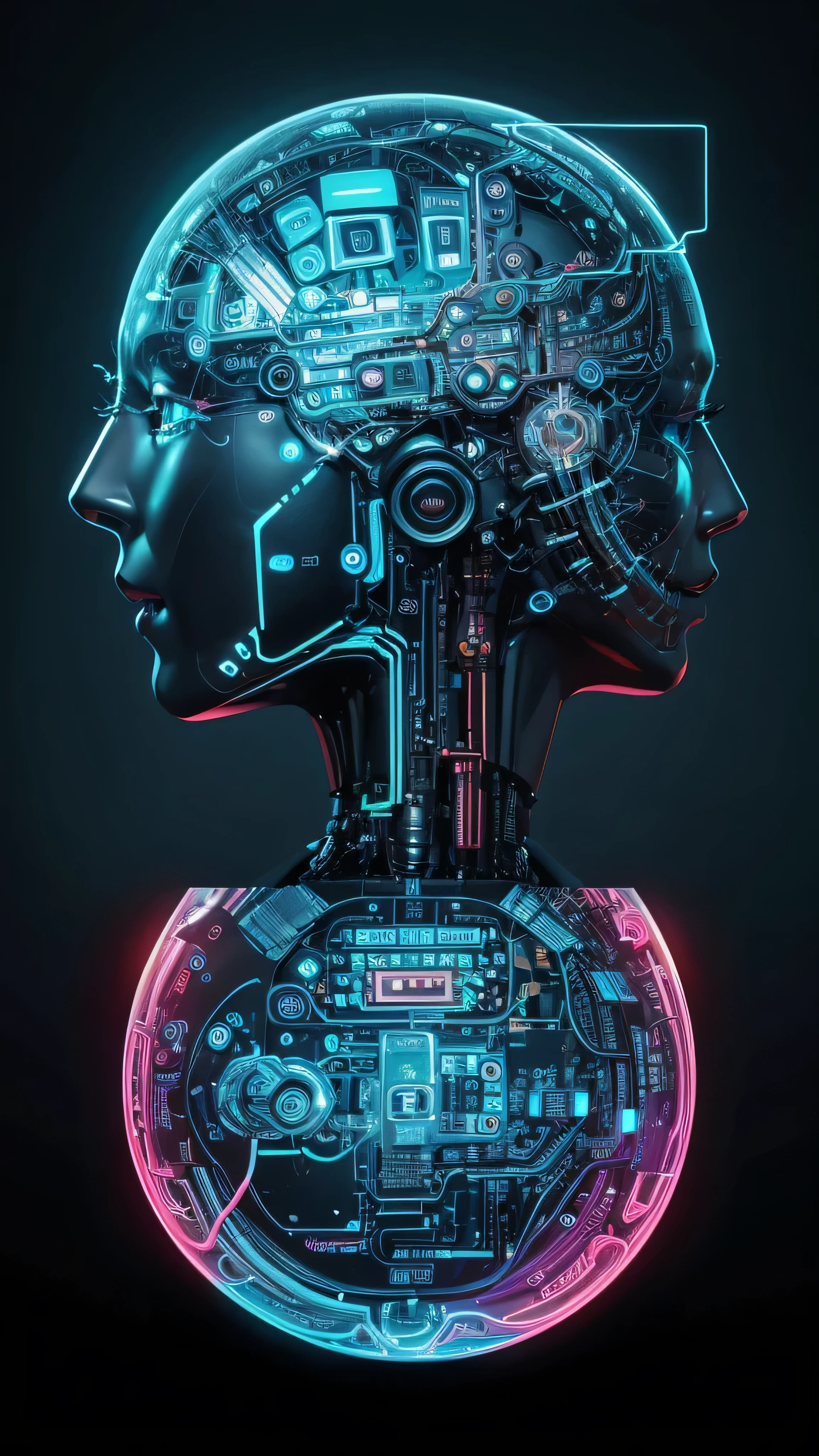 Images showing the beauty of artificial intelligence ,  include an impressive palette of vibrant and captivating colors and overlapping symbols and circuits.