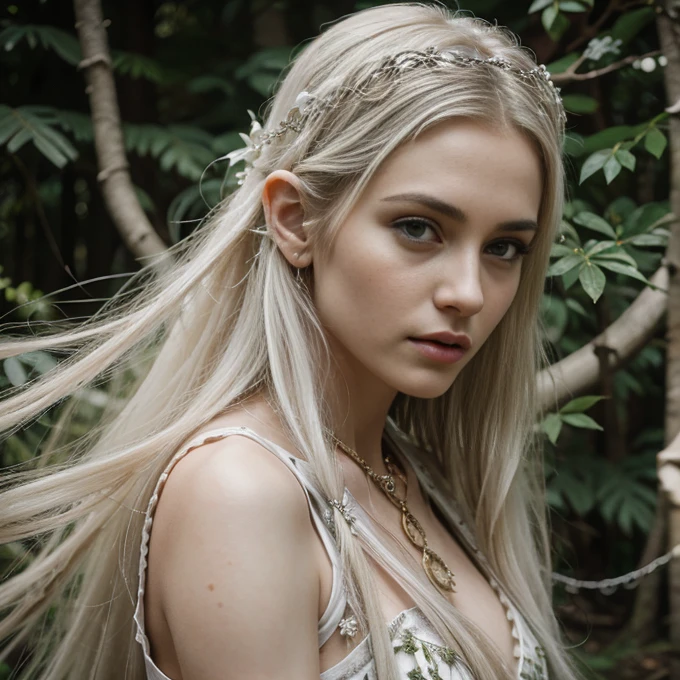 1 elve woman, white long hair, ultra detailed face and eyes, hyperrealistic, realistic representation, 30 years old, dances through a fairy forest, pretty face, her clothes consist of chains