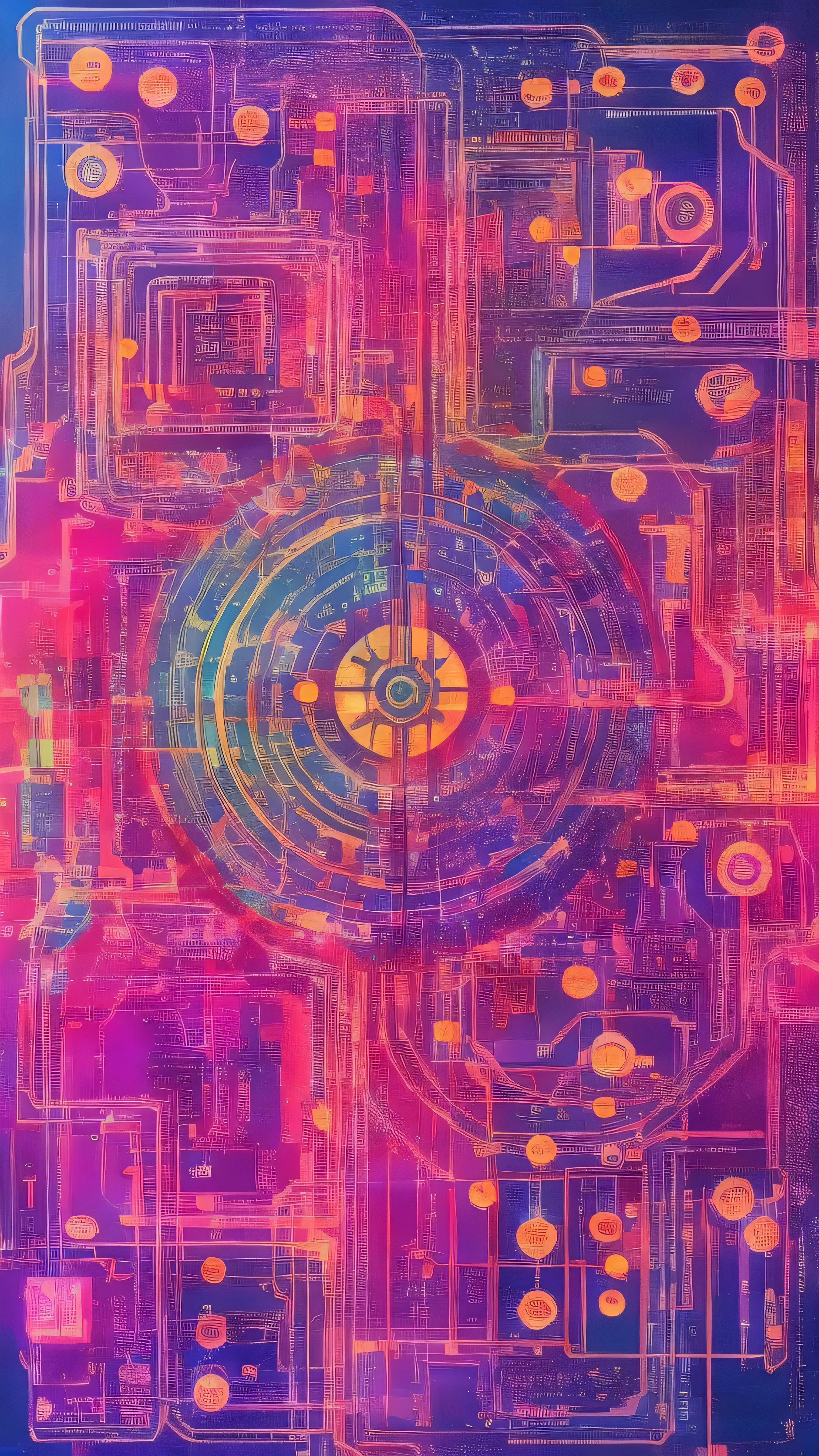 Images showing the beauty of artificial intelligence ,  include an impressive palette of vibrant and captivating colors and overlapping symbols and circuits.