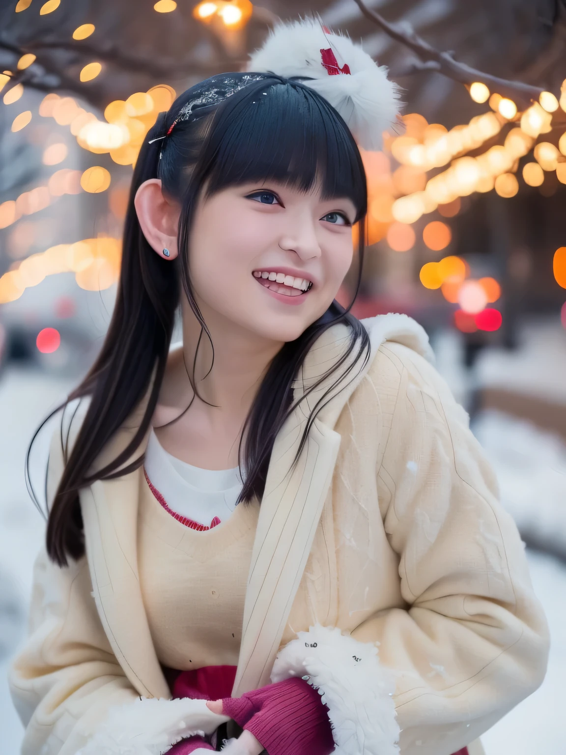 A young woman dressed in a classic Santa Claus outfit stands at a bustling street corner, her red and white coat and matching skirt perfectly tailored to her petite frame. Black boots crunch softly against a thin layer of fresh snow. On her back, she carries a large white sack brimming with presents, the fabric slightly bulging as if barely containing the festive treasures within. The warm glow of Christmas lights strung across storefronts reflects off the snow-covered ground, while the sky transitions from a fiery orange of sunset to a deepening twilight blue. Snowflakes drift lazily through the air, adding a touch of magic to the scene. Her radiant smile and sparkling eyes exude joy, creating a stark yet heartwarming contrast to the serene winter evening, embodying the spirit of the season. 20-year-old woman. ( RAW photos , top quality ), ( realistic , photo- realistic :1.4), masterpiece, extremely delicate and beautiful, extremely detailed, 2k wallpaper, wonderful, Detailed description, extremely detailed CG unity 8k wallpaper, ULTRA DETAIL, high res, Soft light, extremely detailed eyes and face, beautiful detailed nose, beautiful detailed eyes, cinematic lighting , Perfect Anatomy, smile.