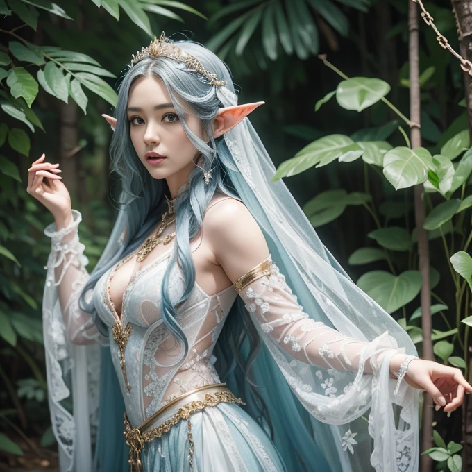 1 elve woman, white long hair, ultra detailed face and eyes, hyperrealistic, realistic representation, 30 years old, dances through a fairy forest, pretty face, her clothes consist of chains