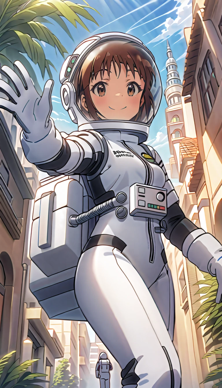 (spacesuit:1.15), white cargo pants, astronaut)bubble helmet, space helmet, white gloves, white backpack , , looking from side at viewer, outdoors, city, plant, tree, day, blue sky, sunbeam, walking, image from below, masterpiece, best quality, 1girl, beautiful, image from below, solo, , akzkrtk, short hair, brown hair, antenna hair, brown eyes, medium breasts, smiling, waving, fullbody