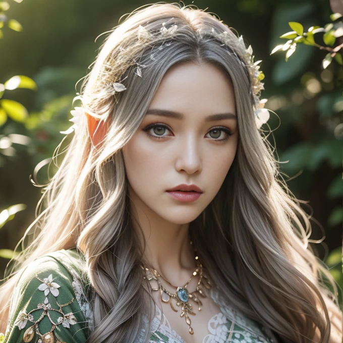 1 elve woman, white long hair, ultra detailed face and eyes, hyperrealistic, realistic representation, 30 years old, dances through a fairy forest, pretty face, her clothes consist of chains