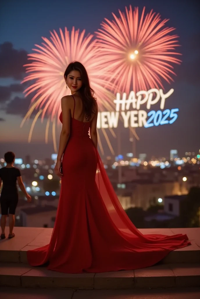 Fireworks happy new year 2025 onight sky, Lisamy, a woman with evening dress hello 2025, night sky on Ho chi minh City, background words "HAPPY NEW YEAR 2025"