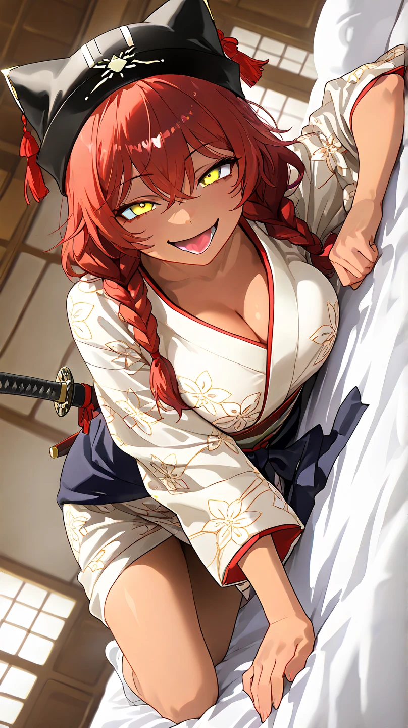 ,  High Quality , 最 High Quality , masterpiece,  high res, detailed face , anatomically correct , 
 yellow eyes,  red hair,  braids,,  wearing a black beast ear hat , One girl , solo, Dark Skin, brown skin, adult woman, Beautiful Women,Beauty,
Inside a Japanese house(Japanese-style room),
samurai, white kimono(Cloud pattern kimono ),A sword is stuck around the waist , wearing a sword around her waist,samuraiの女性
ハイアングル, angle from above , on all fours,ベッドの上に on all fours,Hands on the bed , lying on the bed
closeup, from your hand and direct your gaze, Medium build,accurate, slightly larger breasts,
smile, ecstatic expression beside the piano,excited, tongue, open your mouth slightly ,mischievous personality , seductive smile ,Her eyes are frowning ,Up to the thighs,Draw her in a larger size,Crazy look,

 staring at me , frowns, staring with thin eyelids,Eyes on garbage, contemptuous eyes ,  smirking,