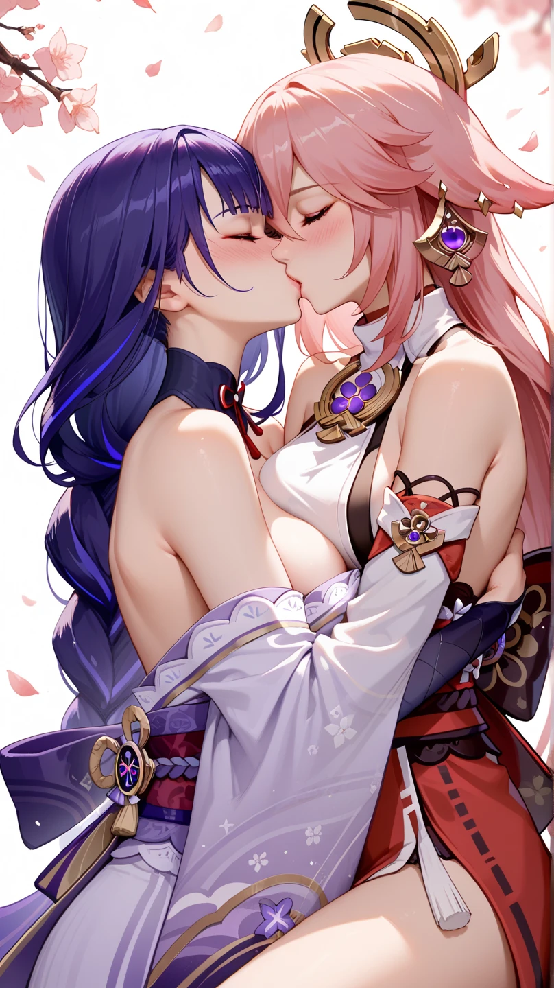 2 girls, yae miko \(genshin impact\), kiss, raiden shogun \(genshin impact\), breasts, blush, hug