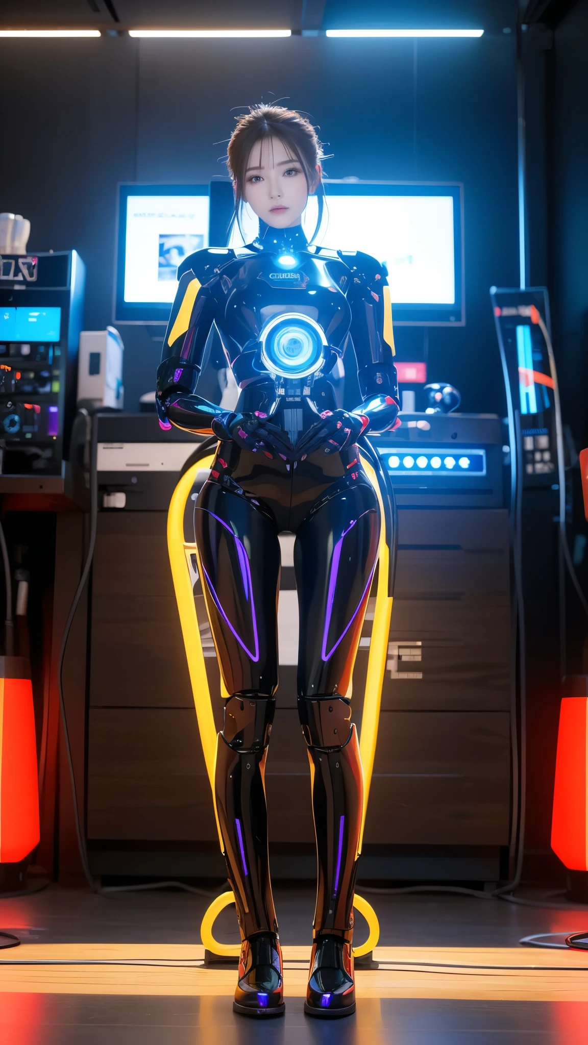  in high-definition images， with vivid and captivating colors , Impressive images of robots showing the beauty of artificial intelligence 、 Includes PCs and circuits that overlap with robots in a beautiful, colorful room.What the future looks like。