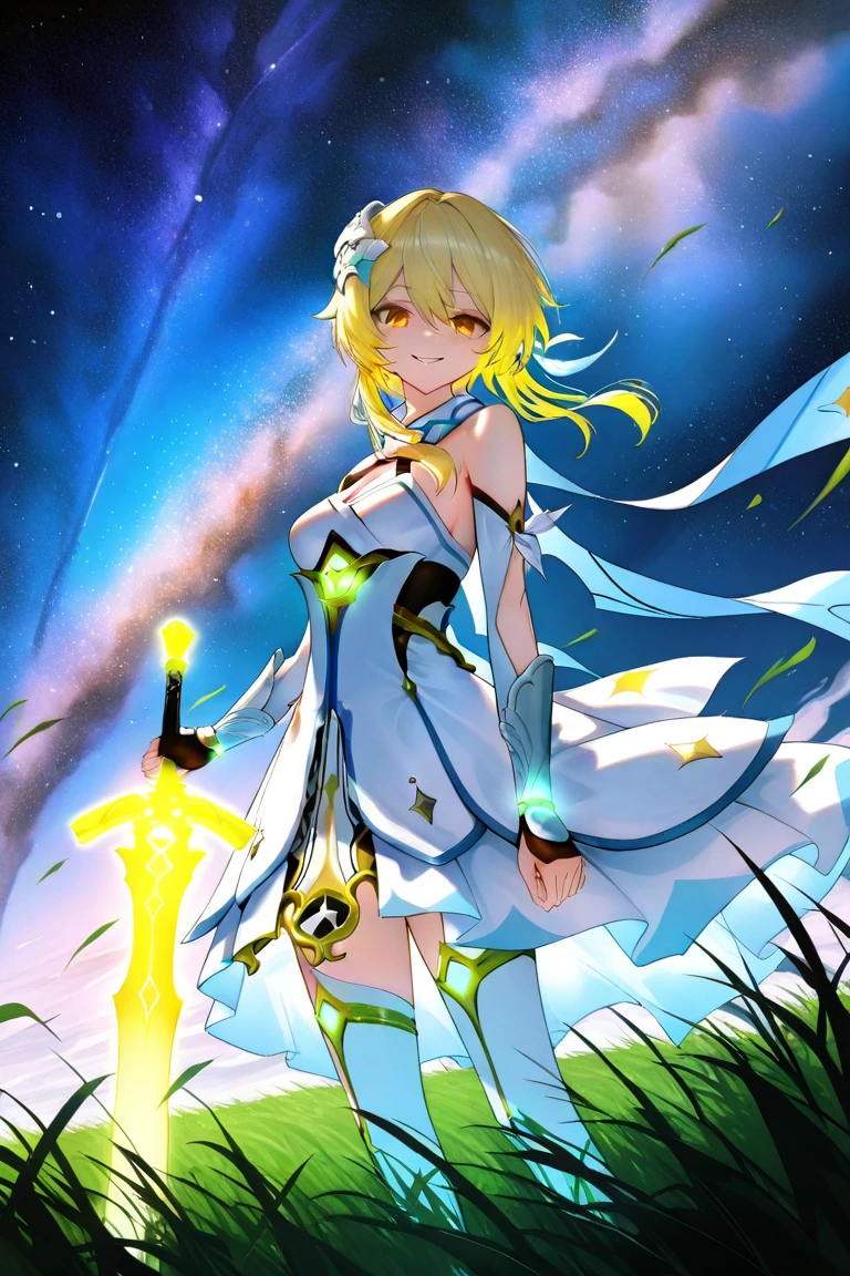 1girl,hotaru,Lumine\(genshin impact\),medium breasts,gold hair,short hair,long side hair,gold eyes
,BREAK black white dress
,BREAK false smile,crazy smile,yandere
,BREAK Dark fantasy,sword,holding sword,glowing sword,dynamic pose
,BREAK masterpiece,best quality,amazing quality,very aesthetic,absurdres,by wanke,748cmstyle
,BREAK dark geometric background,grass land,(wind:1.5),(milky way:1.5)