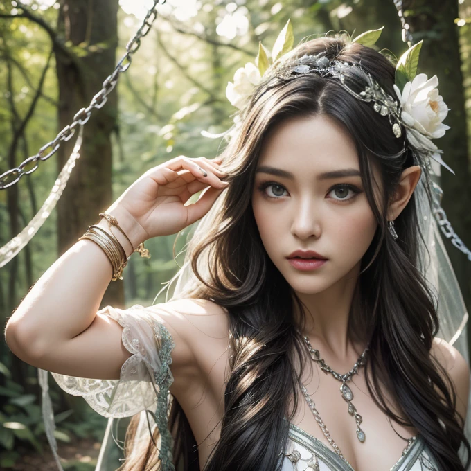 1 elve woman, white long hair, ultra detailed face and eyes, hyperrealistic, realistic representation, 30 years old, dances through a fairy forest, pretty face, her clothes consist of chains