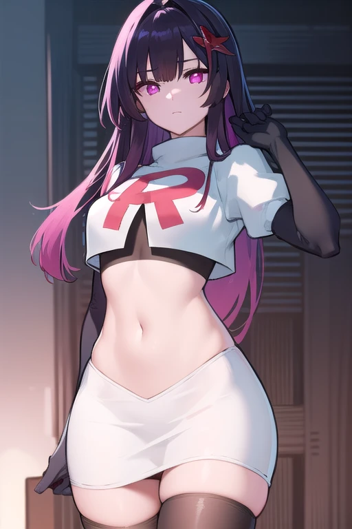 (masterpiece, best quality:1.2),illustration,8k,hd,1girl,solo,purple_hair,blue_eyes,very_long_hair,animal_ears,bangs,fake_animal_ears,ribbon,hair_ribbon,hair_ornament,ponytail,team rocket,team rocket uniform,white skirt,red letter R,crop top,black thigh-highs,black elbow gloves