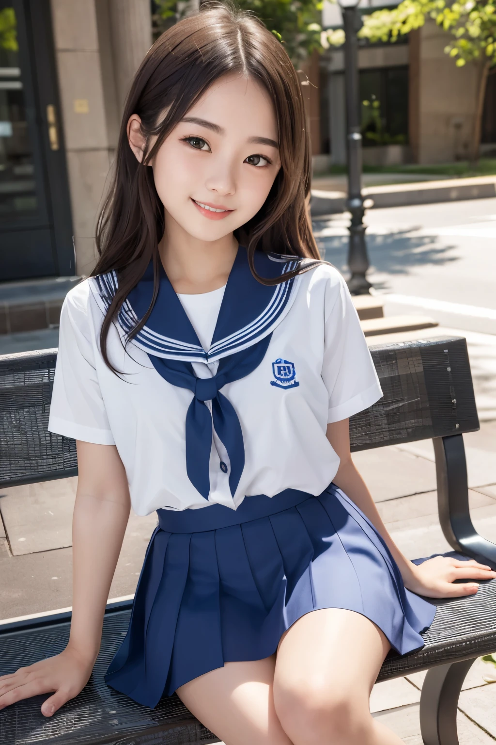 1girl, adolable, , ssmile, looking at viewert, Short skirt uniform, On your stomach,seifuku, photore, realisticlying, Best quality at best, employee, Detailed face, Classroom, detailed back ground, diffuselighting, depth of fields, Background bokeh