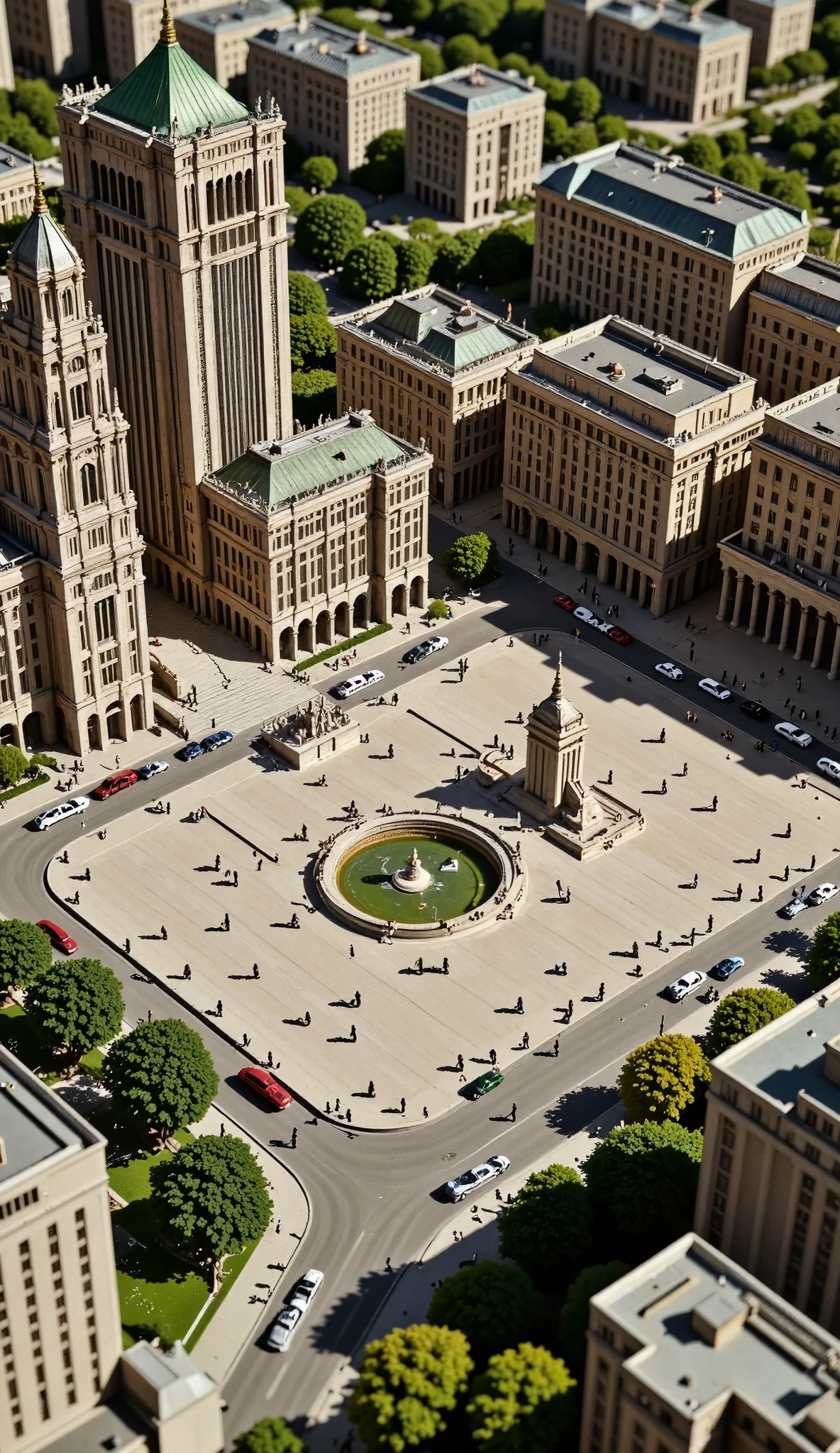 miniature photograph , Of a city with buildings streets with cars, trees, Plaza