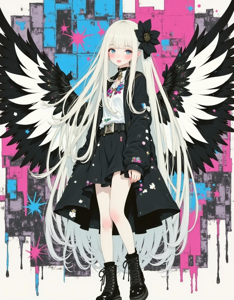 ultra detailed, best quality, 1girl, white long hair,  smile , walking , look at me, black long wings, anglic atmosphre, bright , black jacket, skirt, glittering particles,  kawaii anime, cute illustration, flat anime, graffiti fashion, ink painted, punk style art wall, brick wall, 