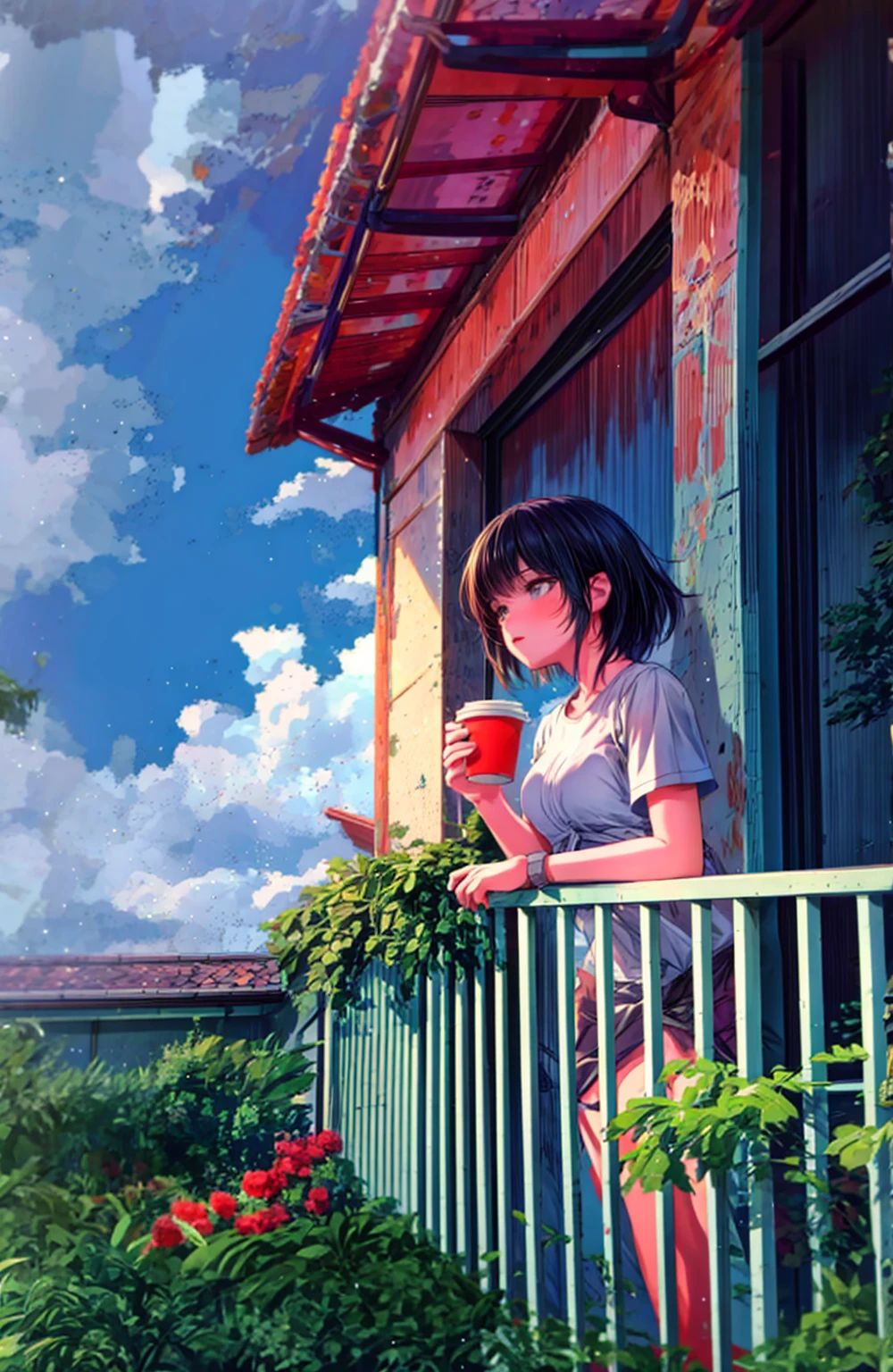 a girl standing on a balcony with a cup of coffee, cgsociety 9, chillhop, alena aenami and artgerm, makoto shinkai and artgerm, lofi girl aesthetic, anime scenery, makoto shinkai and (cain kuga), lofi aesthetic, anime landscape, anime nature, roof background, anime wallaper