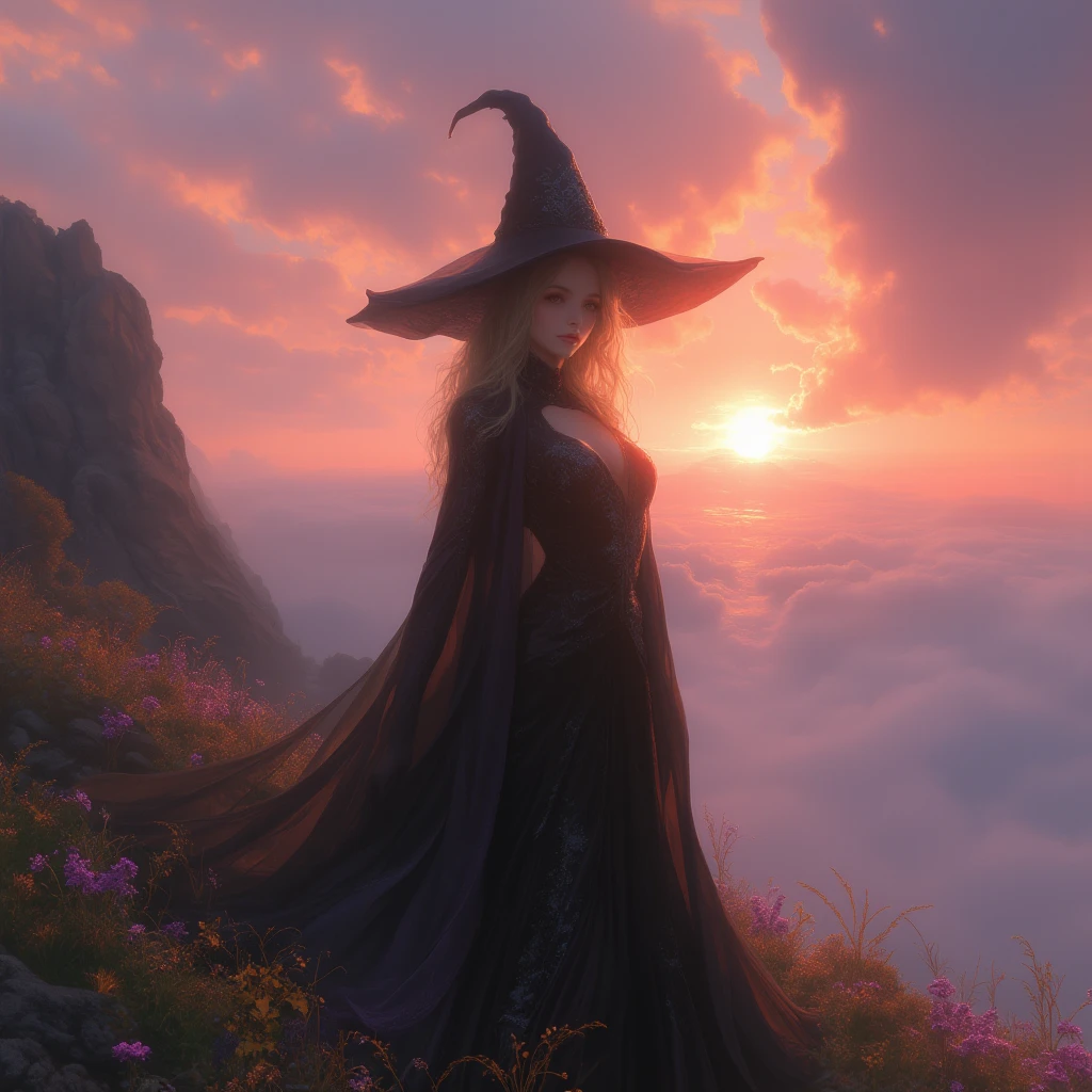 Mysterious fantasy With the dawn on your back cleanse beautiful witch illustration