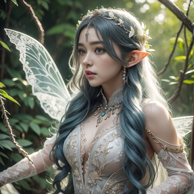 1 elve woman, white long hair, ultra detailed face and eyes, hyperrealistic, realistic representation, 30 years old, dances through a fairy forest, pretty face, her clothes consist of chains