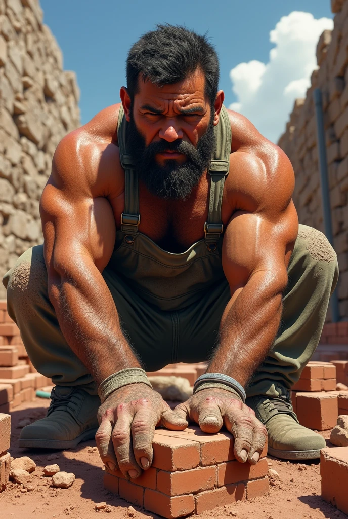 Hairy, strong, shirtless worker. Working in the Rio de Janeiro favela as a bricklayer