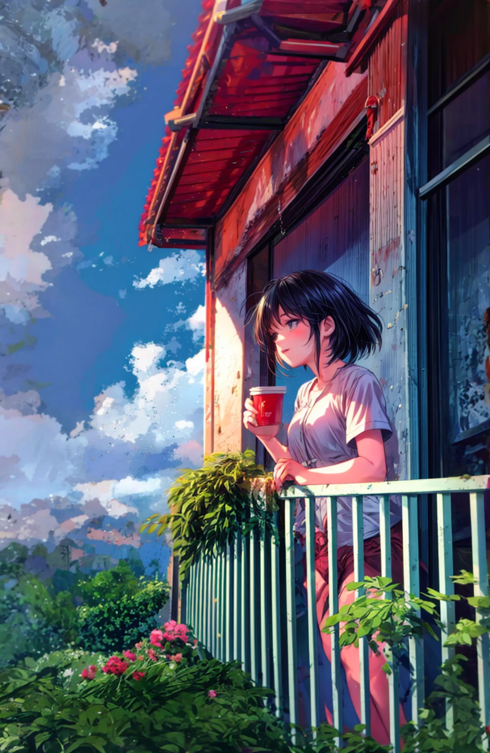 a girl standing on a balcony with a cup of coffee, cgsociety 9, chillhop, alena aenami and artgerm, makoto shinkai and artgerm, lofi girl aesthetic, anime scenery, makoto shinkai and (cain kuga), lofi aesthetic, anime landscape, anime nature, roof background, anime wallaper