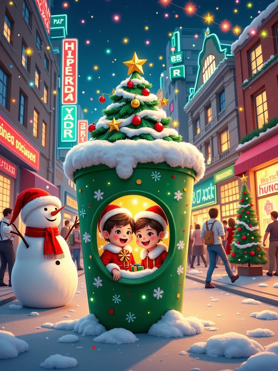 Plush texture, plush material, New Year's Day scene, with "Happy New Year" written on the top, digital production, fantastic New Year's Day celebration, a green Starbucks cup, with a Christmas tree hole decorated with white snowflakes, a small Paper Cuttings window in front, a boy and a girl, sitting inside, dressed in festive attire, holding New Year balloons and small gifts, happily celebrate the arrival of the New Year, smiling, the cup presents a warm festive atmosphere, as if it were a small festival home. The background is bustling city streets, with neon lights decorating buildings and soft snow covering roofs, Trees on both sides of the street are adorned with flashing lights and festive decorations. On the left side of the screen, a chubby snowman wearing a red hat stands in the snow, smiling and adding joy to the festive atmosphere.
