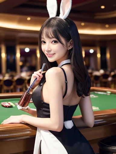 ((Highest image quality、、masterpiece：1.3))、image quality：1.2、Beautiful woman with amazing style：1.4, ((Brown Hair、Large Breasts：1.2))、She is wearing a traditional bunny girl outfit., Pink Ears, black tights, Highly detailed face and skin texture、Beautiful Eyes、double eyelid、Focus on cleavage, In the glamorous casino hall, A woman in a bunny girl costume is standing with a smile., In the background there are colorful slot machines and a roulette table