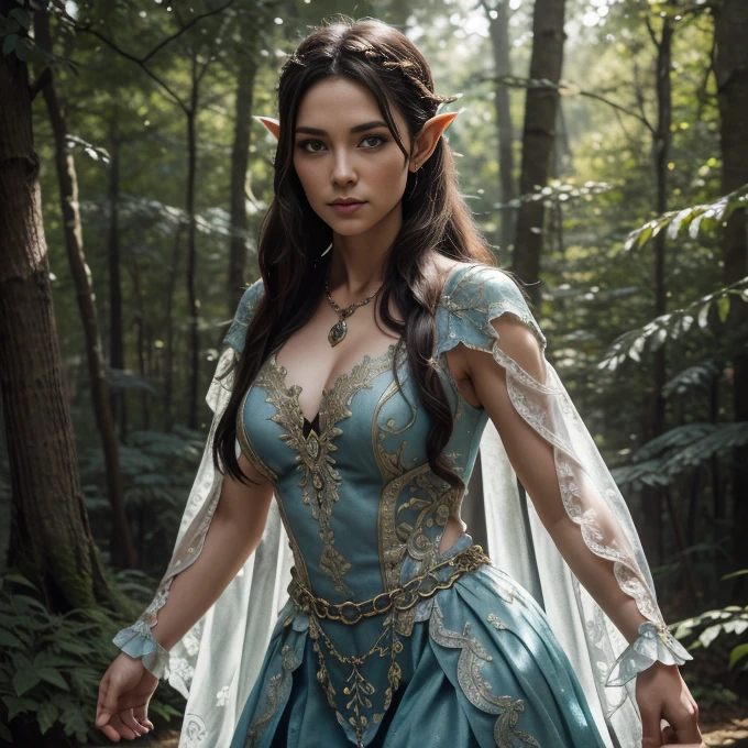 1 elve woman,  long hair, ultra detailed face and eyes, hyperrealistic, realistic representation, 30 years old, dances through a fairy forest, pretty face, her clothes consist of chains