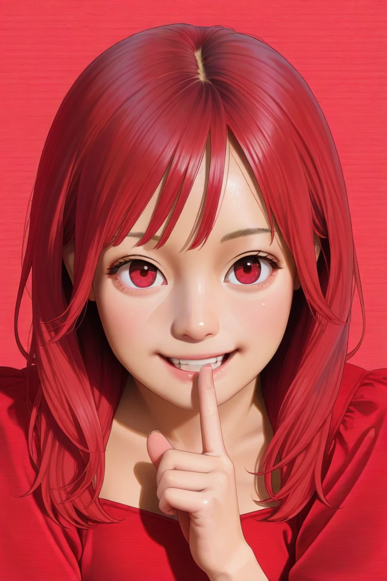 very beautiful, kawaii, (photo realistic:1.4), 1girl, Japanese, red hair, open eyes, put index finger on mouth, red dress, red eyes, in front of a red background,smiling