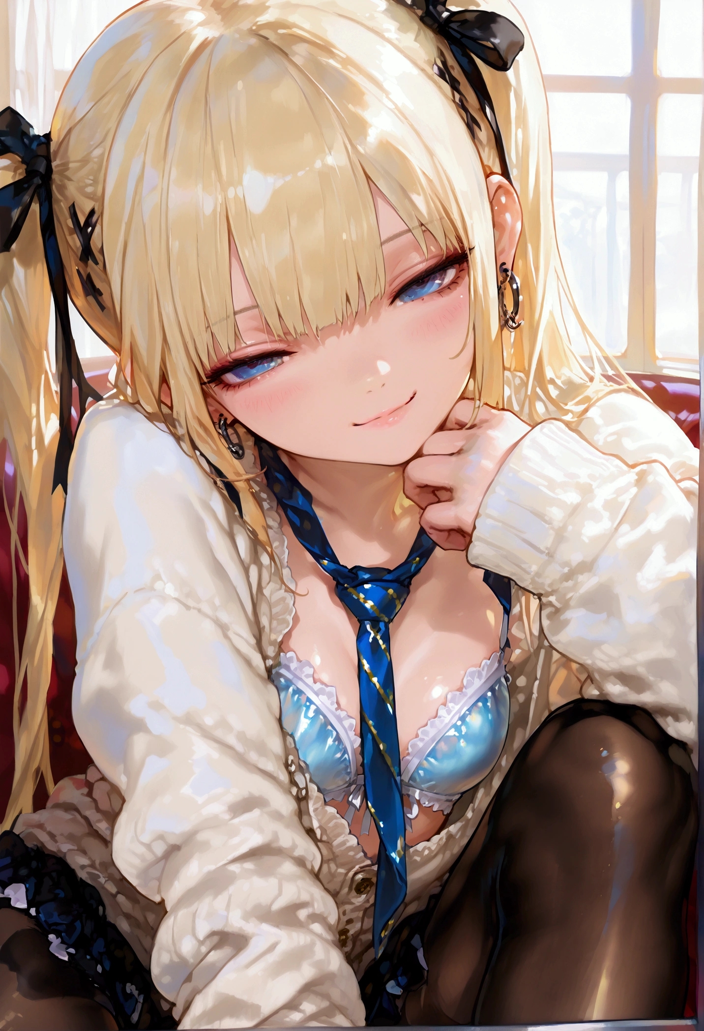 Marie rose, small breasts, one girl, blonde hair, Long Hair, twin tails, blunt bangs, blue eyes,, necktie, white cardigan, hoop Pierced earrings, pantyhose, glossy lips, blush, flawless smooth skin, looking at the viewer, seductive smile, half-closed eyes, indoors, (best quality,4k,8k,high res,masterpiece:1.2),ultra-detailed, intricate details, high fashion, dramatic lighting, warm colors, chiaroscuro