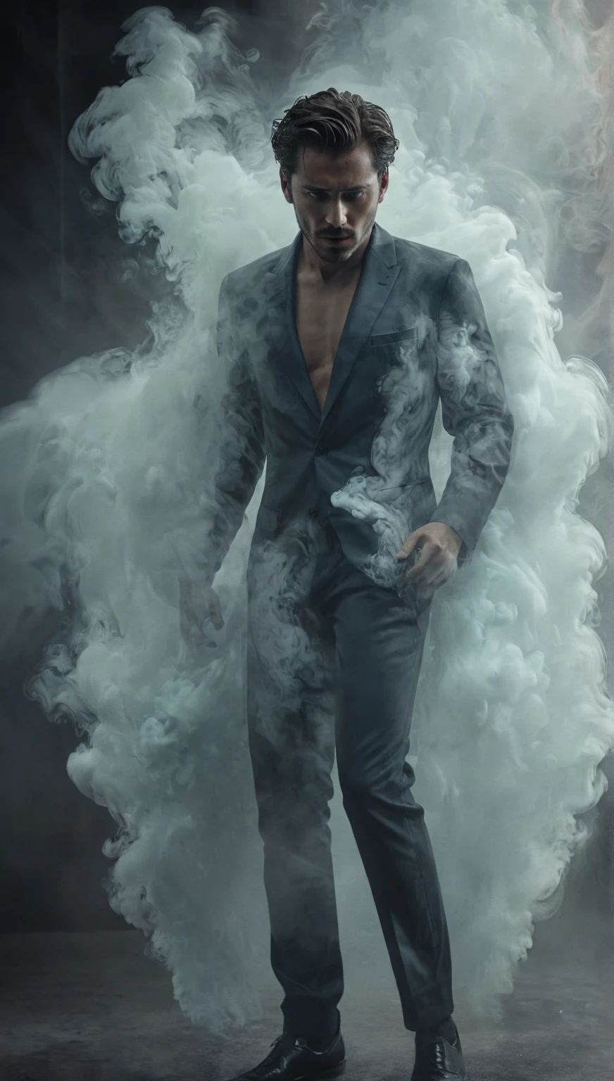 ethereal photo of the face of a full body, handsome man looking to the right, emerging from swirling strokes of smoke and vapors, style of Peter Lindbergh, intricate artwork masterpiece, ominous, golden ratio, intricate, epic, trending on artstation, highly detailed, vibrant, production cinematic character render, ultra high quality model