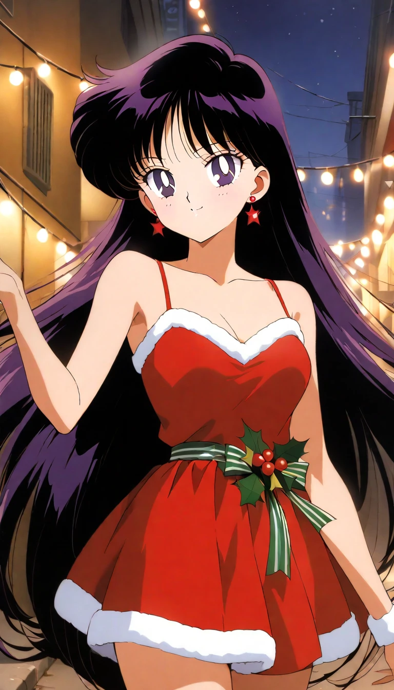 aamars, very long hair, black hair, parted bangs, purple eyes, 1990s \(style\), 1 girl, solo, Best quality, masterpiece, High Definition, a red long sleeve flamenco dress, collarbone, dancing in the street at night, candle lights on the windowsill, black high heels, cowboy shot, medium breast, smile,