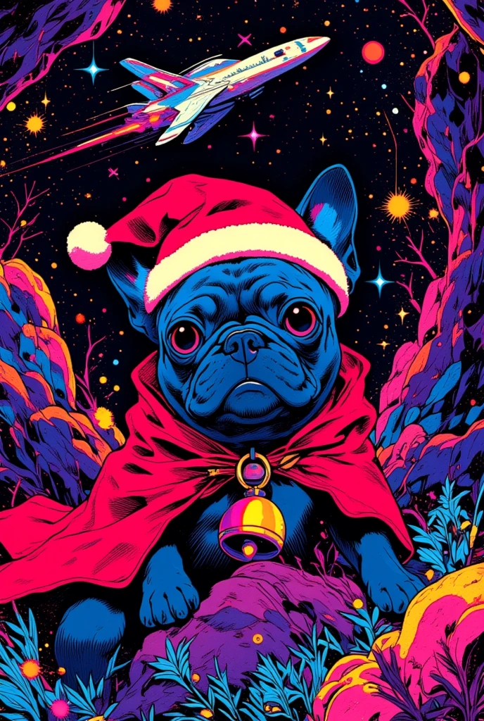  There is a poster of a tabby flying through space wearing a red cloak and a large bell on its collar, A pug wearing a Santa hat , SILKSCREEN PRINT , Psychedelic Concert Poster, blacklight poster,  SILKSCREEN PRINT  , Silkscreen Art, Emory Douglas , black light velvet poster,  LSD art of a shamanic poster ,  pop psychedelic art 、black light pink ,(  Merry Xmas  ), Ultra Fine, 