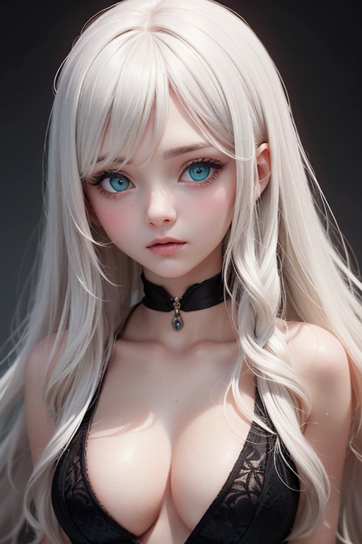 Anime style albino feminine boy with blue eyes and white curly shoulder length hair scar on right cheek and goth clothes and makeup