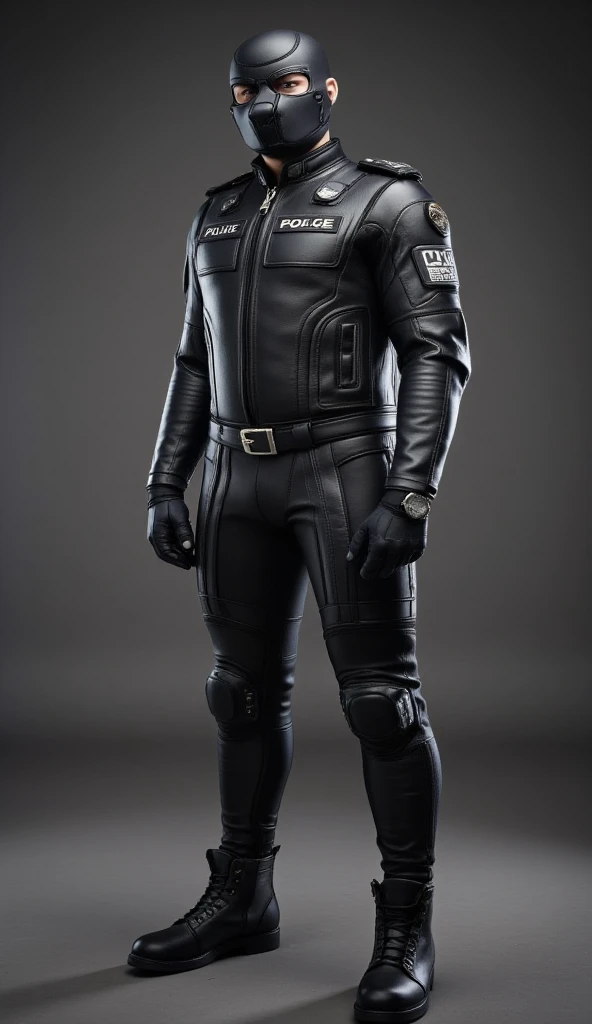 一個肌肉發達的成年男性的Full body image。 Men's Wear Police Tactical Clothing Tactical Equipment Police Tactical Unit，PTU 黑色皮革Full body image、 mask and mask . Wearing Police Leather Jacket ，leggings. Tactical boots.Leather Suitable for Full Body Coverage 。  smooth leather 。   Dark Atmosphere 。 Low Light。  Faint light casts dramatic shadows 。Police Heavy Duty Motorcycle . Strange otherworldly atmosphere 。  Another world city 。 Full body image。。 full-body photo 。 fantasy