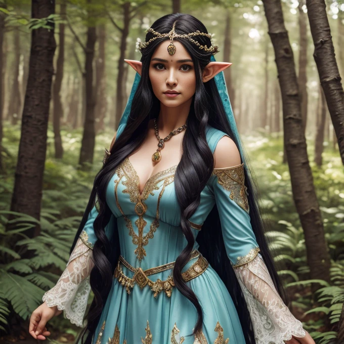 1 elve woman,  long hair, ultra detailed face and eyes, hyperrealistic, realistic representation, 30 years old, dances through a fairy forest, pretty face, her clothes consist of chains