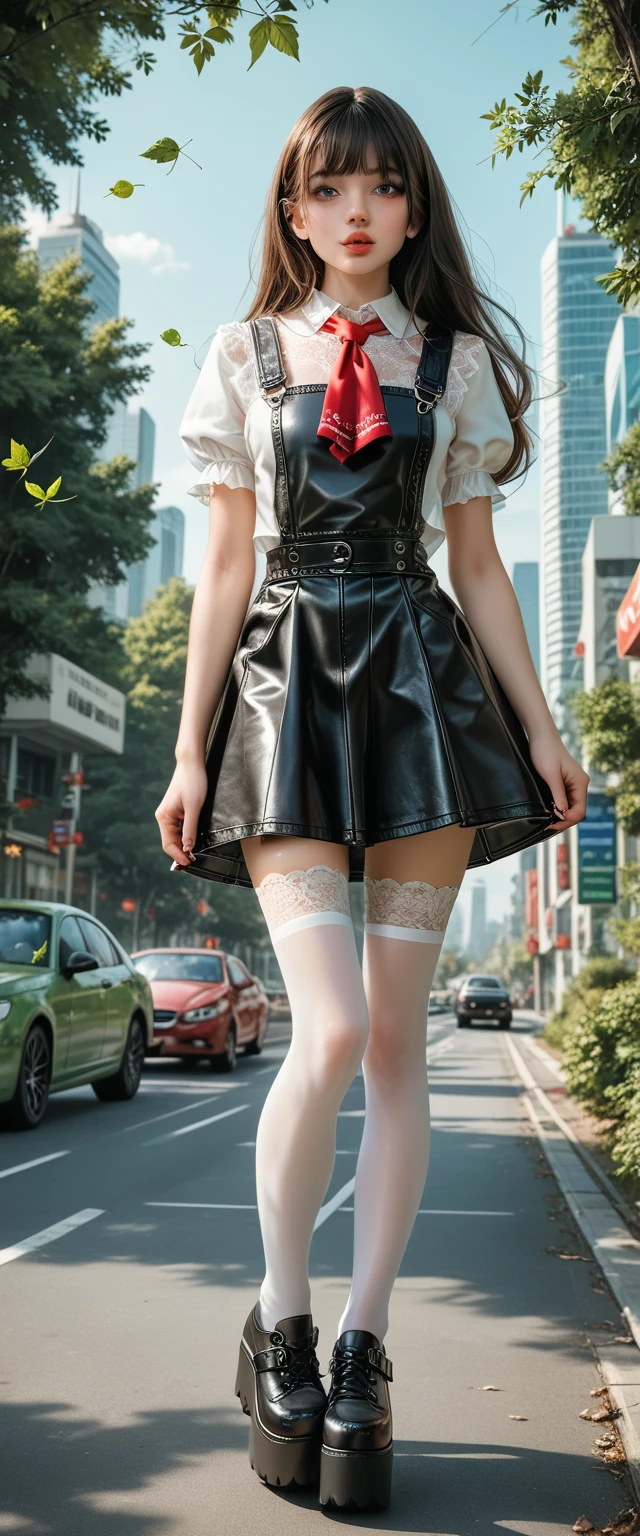 ((Highest quality)), 1 girl, ((young girl:1.5)), fitted curvy figure , cute curvy beautiful teenage schoolbeautiful cute teen face with big lips , ((white transparent lace blouse short puffy sleeves)) , ((High Waisted short black shiny leather fluffy skater pinafore dress)), ((red pioneer neckerchief)) , ((thick platform shoes)), ((white stockings)), brunette long hair, ((a girl stands against the backdrop of a futuristic city, green leaves on the trees)), ((flying vehicles in the sky)),  perfect legs, ((high details, hyperrealistic textures of dhort black skater leather pinafore dress)). ((folds on short fluffy a black leather pinafore dress))