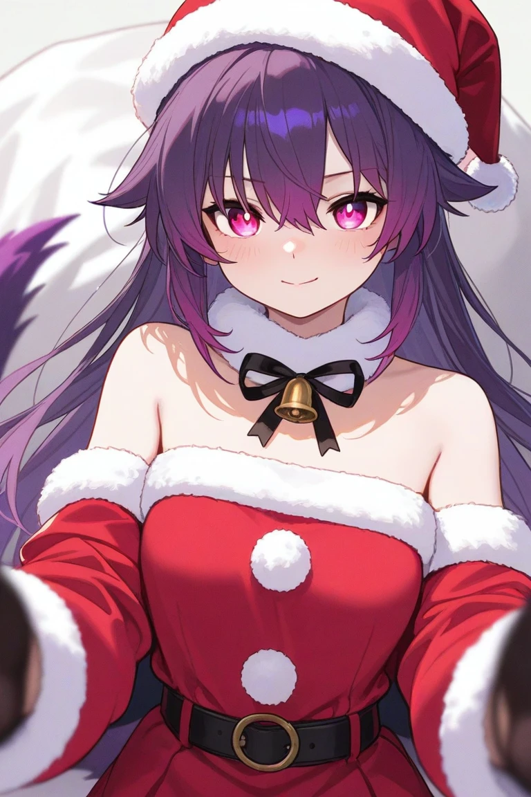 christmas,foxgirl, D cup breasts, purple hair, masterpiece , red eyes, close up view, kiss ear,