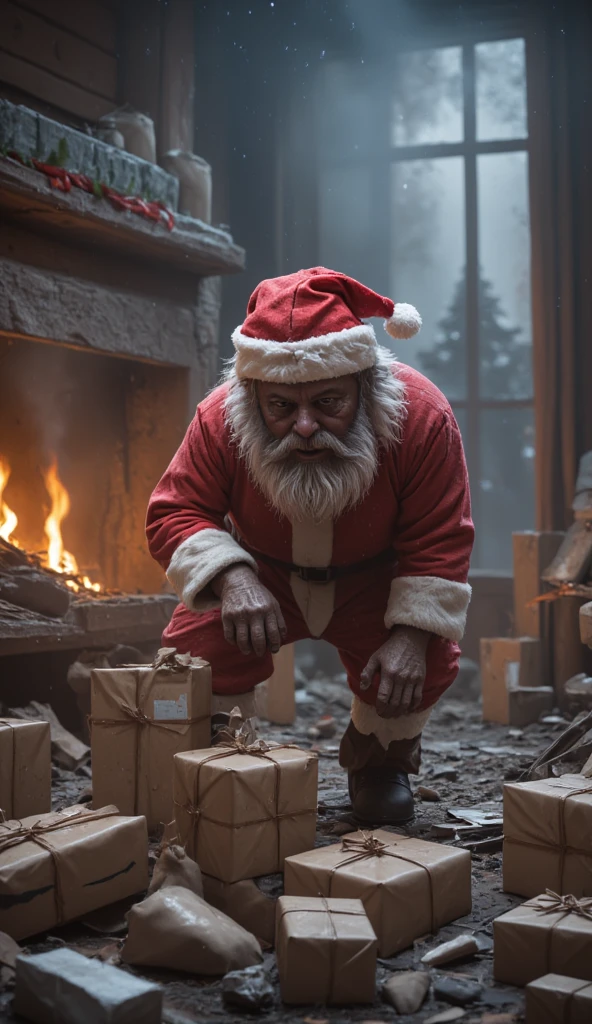 Christmas day,Santa attacked chilldren,terrible Santa,bad behaviour of Santa,Santa does bad things at ren's house,bad Santa,Santa robbed presents,Santa destoroys something,Santa invaded to the house illigary,Santa hat,Santa costume,christmas tree