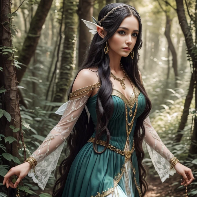 1 elve woman,  long hair, ultra detailed face and eyes, hyperrealistic, realistic representation, 30 years old, dances through a fairy forest, pretty face, her clothes consist of chains