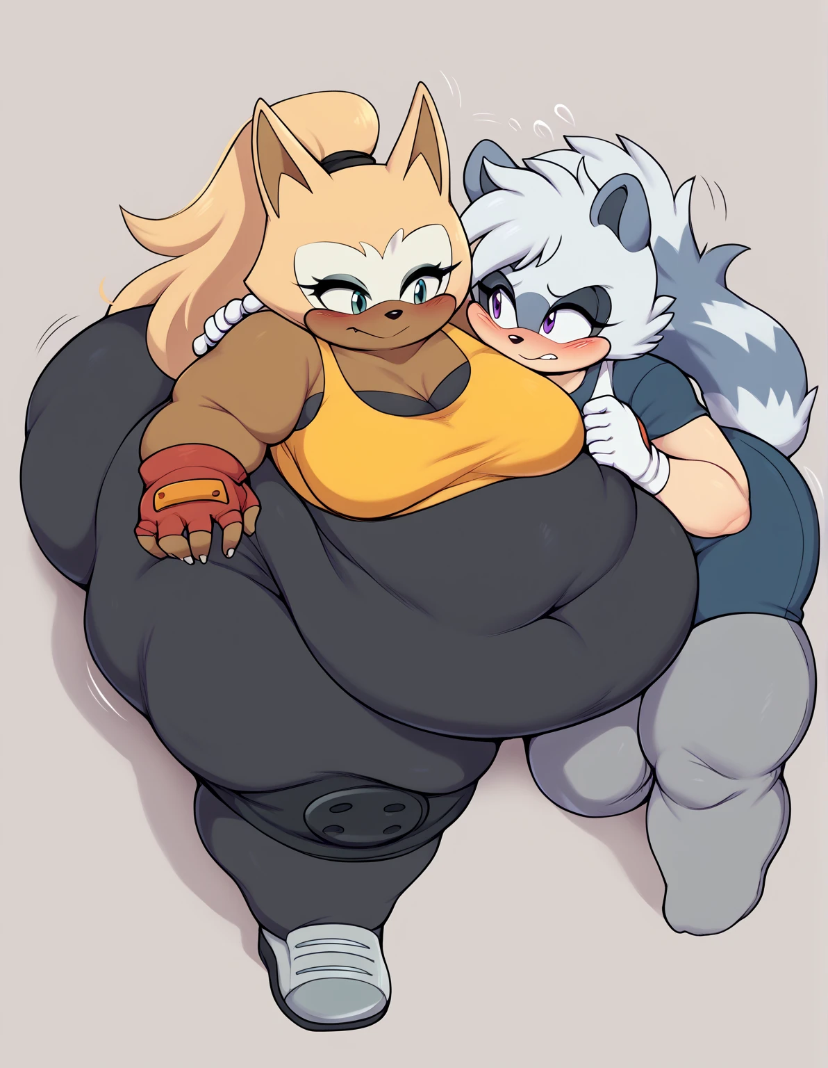 A gorgeous extremely morbidly obese grey female wolf , long hair , huge belly , huge breasts, huge body,huge thighs , double chin, chubby cheeks duo