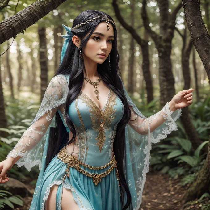 1 elve woman,  long hair, ultra detailed face and eyes, hyperrealistic, realistic representation, 30 years old, dances through a fairy forest, pretty face, her clothes consist of chains