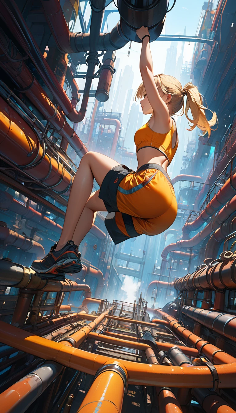 (from below), ultra high definition, best quality, masterpiece, highres, (colorful), (saturated color), artstation, concept art, smooth, sharp focus, illustration, solo, female worker, Hyper realism, blonde pony tail hair, crop top and short pants, back view, (climbing and hanging on the pipe at high position), pipe jungle, industrial pipes, architecture made up of pipes and valves, tubular creature, Huge maze of pipes spread highly inside the factory, steam blowing out